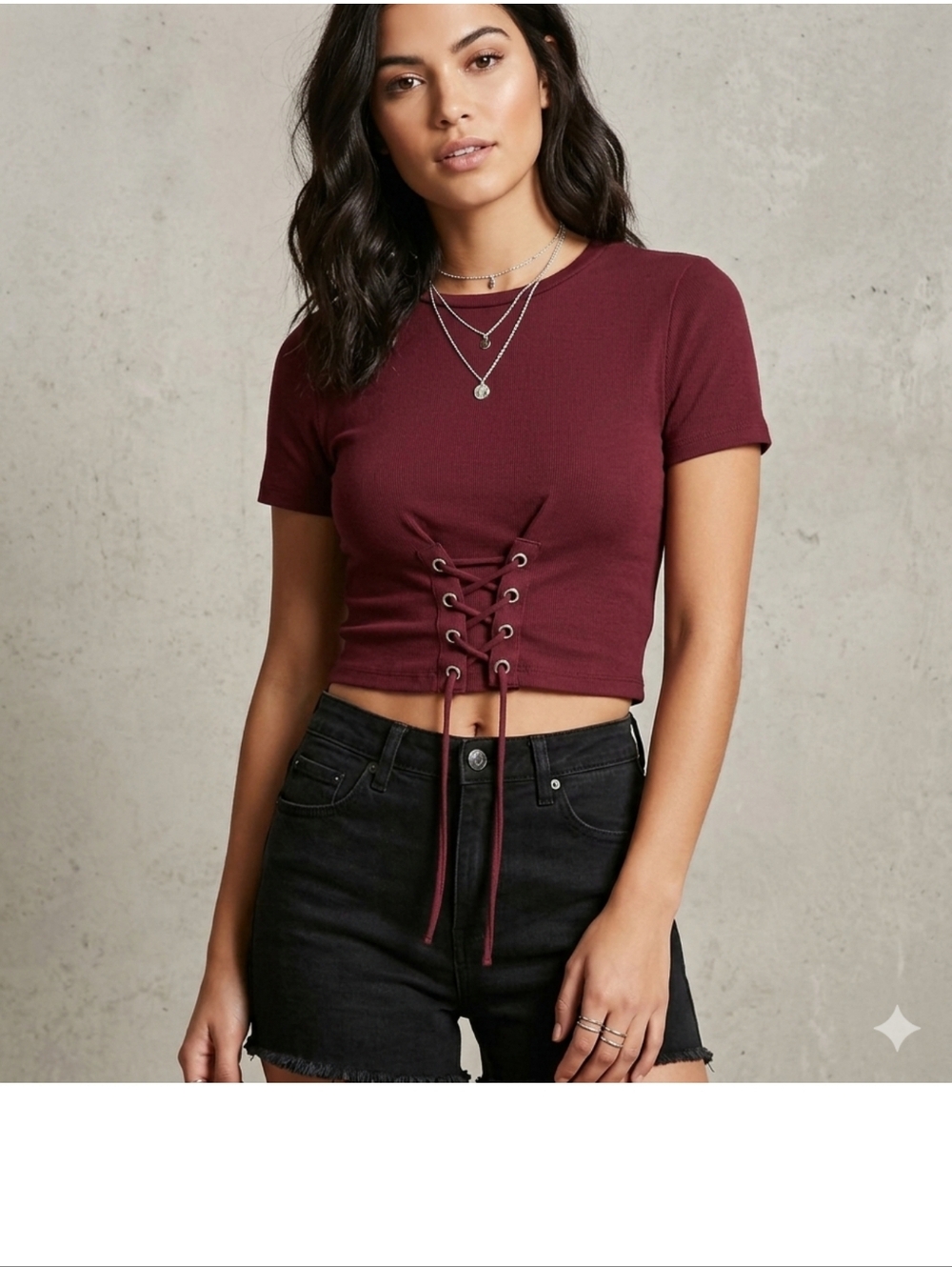 Forever 21 Burgundy Lace Up Corset Crop Top Short Sleeve Maroon S